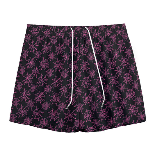 Black And Pink Spider Web Pattern Print Mesh Shorts