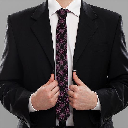 Black And Pink Spider Web Pattern Print Necktie