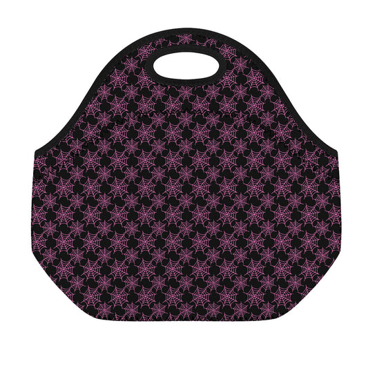Black And Pink Spider Web Pattern Print Neoprene Lunch Bag