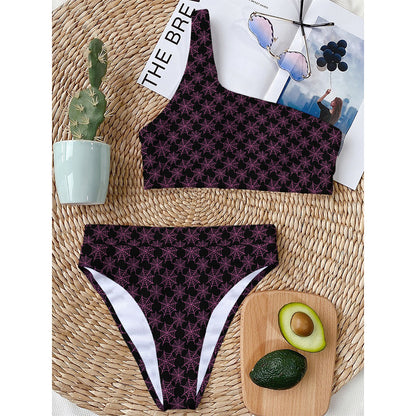 Black And Pink Spider Web Pattern Print One Shoulder Bikini Top