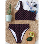 Black And Pink Spider Web Pattern Print One Shoulder Bikini Top
