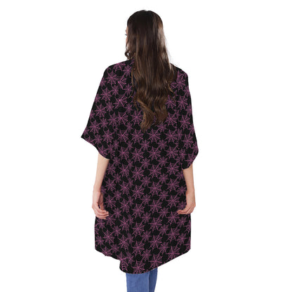 Black And Pink Spider Web Pattern Print Open Front Beach Cover Up