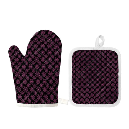 Black And Pink Spider Web Pattern Print Oven Mitt And Pot Holder Set