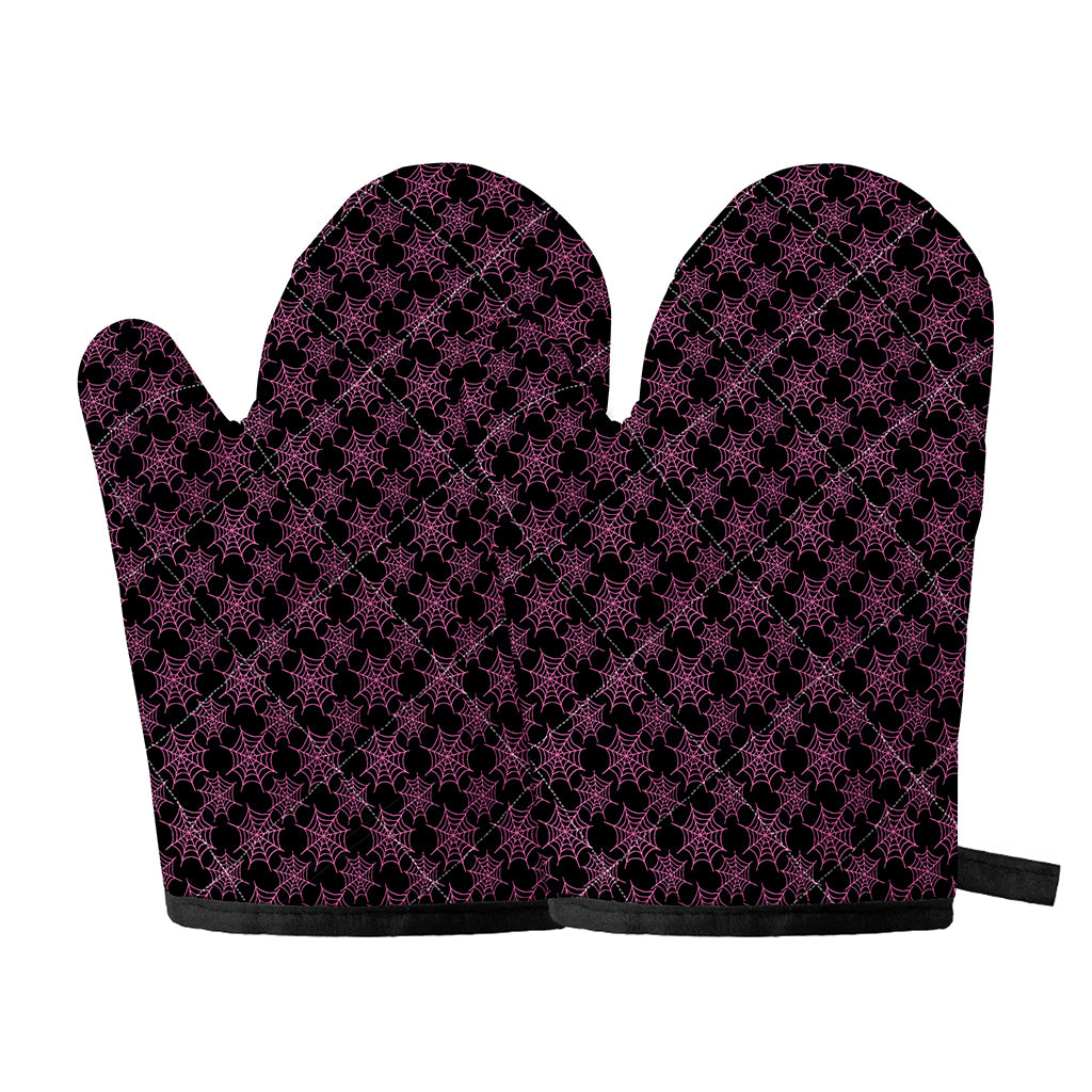 Black And Pink Spider Web Pattern Print Oven Mitts