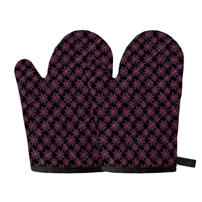 Black And Pink Spider Web Pattern Print Oven Mitts