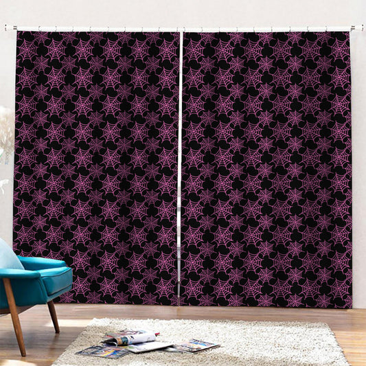 Black And Pink Spider Web Pattern Print Pencil Pleat Curtains