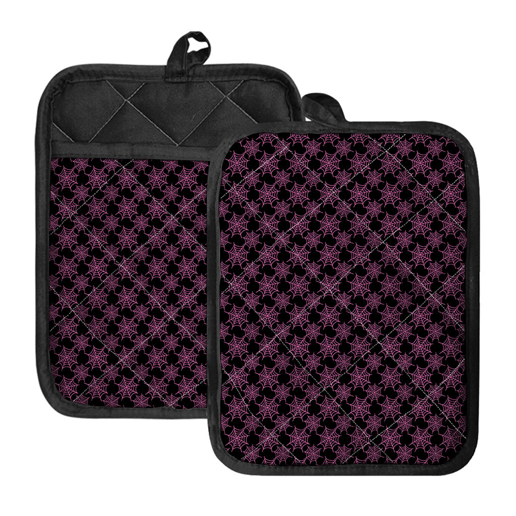 Black And Pink Spider Web Pattern Print Pot Holders With Pocket