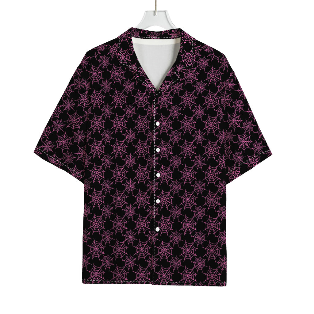 Black And Pink Spider Web Pattern Print Rayon Hawaiian Shirt