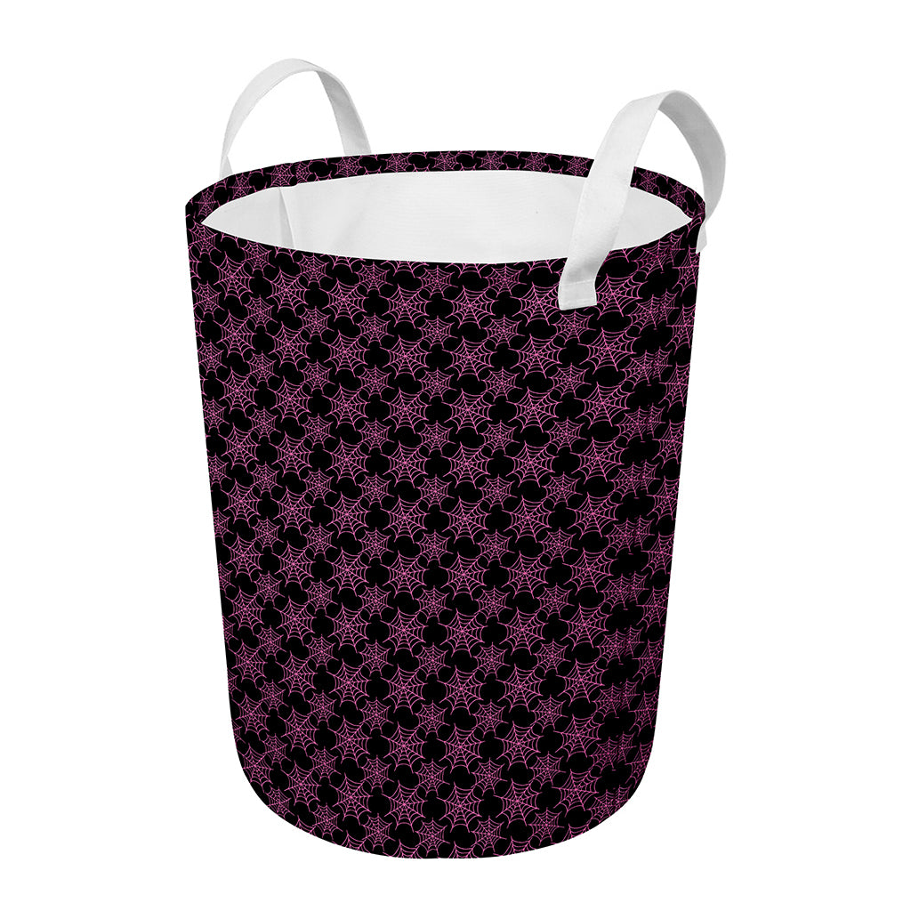 Black And Pink Spider Web Pattern Print Round Laundry Basket