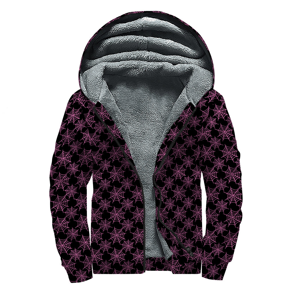 Black And Pink Spider Web Pattern Print Sherpa Lined Zip Up Hoodie