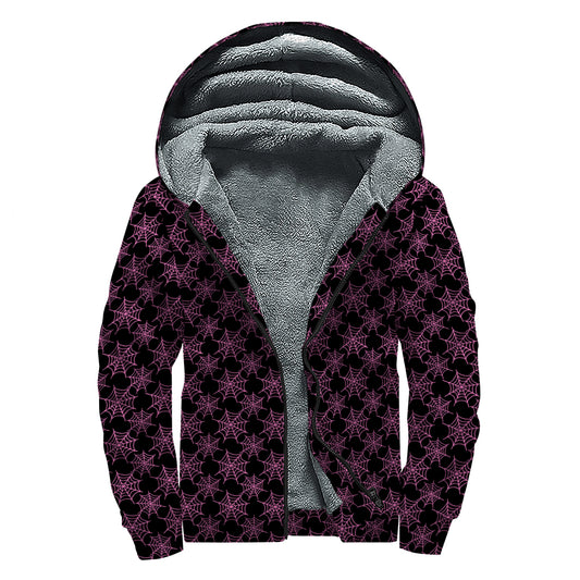 Black And Pink Spider Web Pattern Print Sherpa Lined Zip Up Hoodie