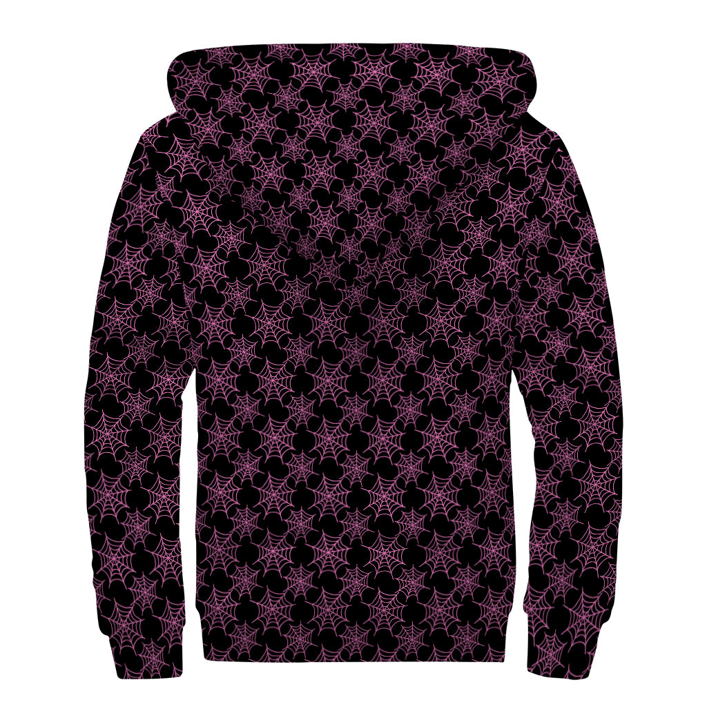 Black And Pink Spider Web Pattern Print Sherpa Lined Zip Up Hoodie