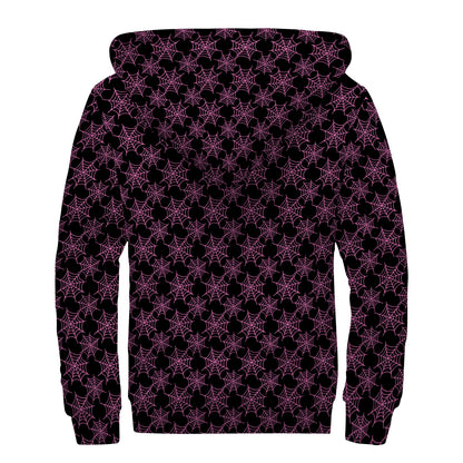 Black And Pink Spider Web Pattern Print Sherpa Lined Zip Up Hoodie