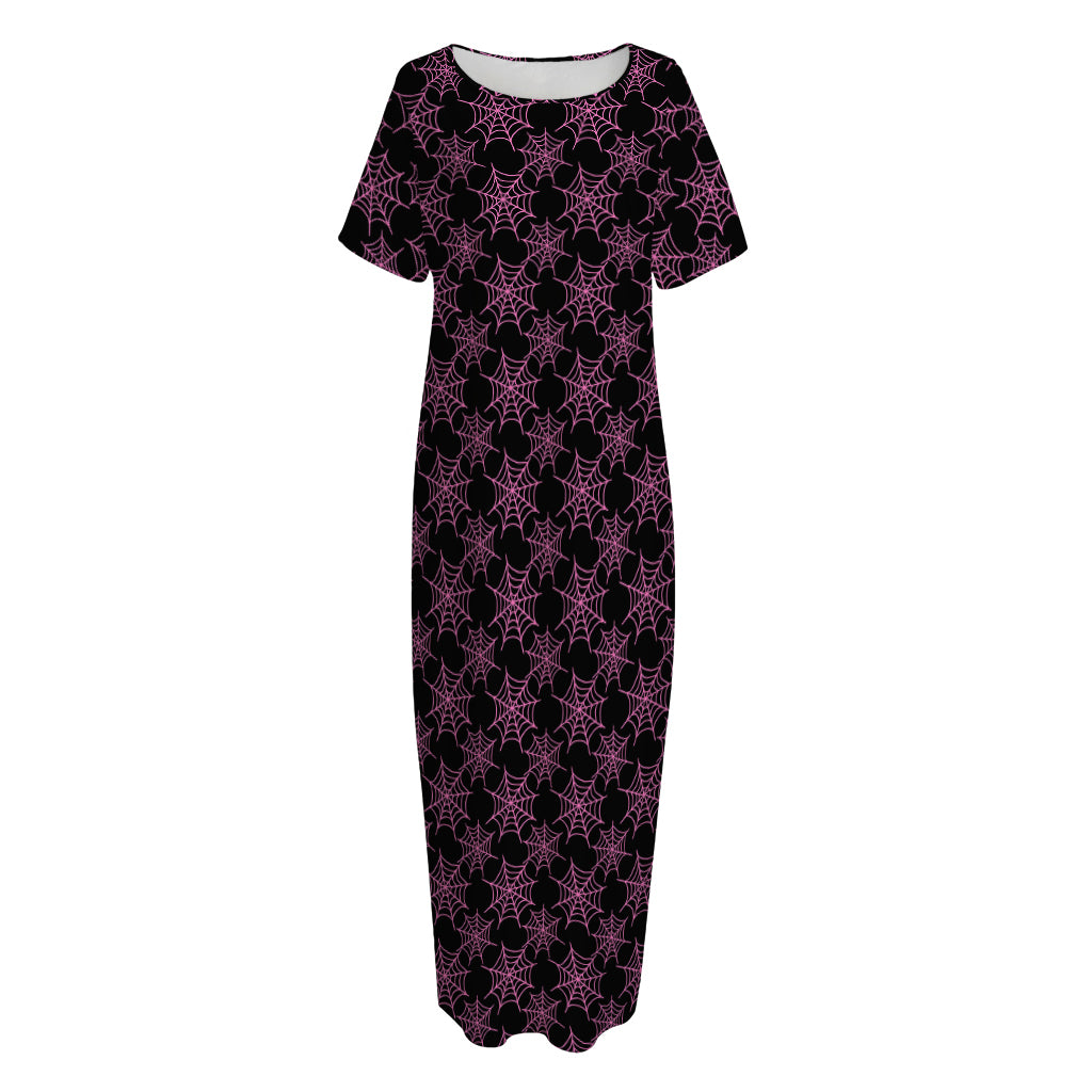 Black And Pink Spider Web Pattern Print Short Sleeve Long Nightdress