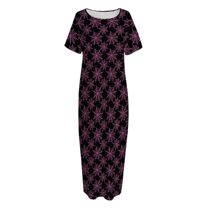 Black And Pink Spider Web Pattern Print Short Sleeve Long Nightdress