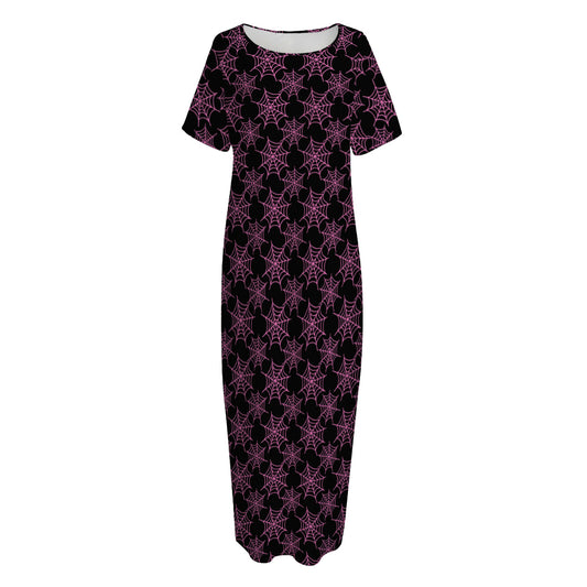 Black And Pink Spider Web Pattern Print Short Sleeve Long Nightdress