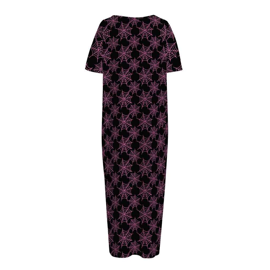 Black And Pink Spider Web Pattern Print Short Sleeve Long Nightdress