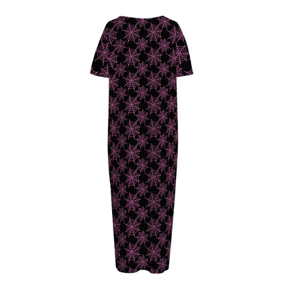 Black And Pink Spider Web Pattern Print Short Sleeve Long Nightdress