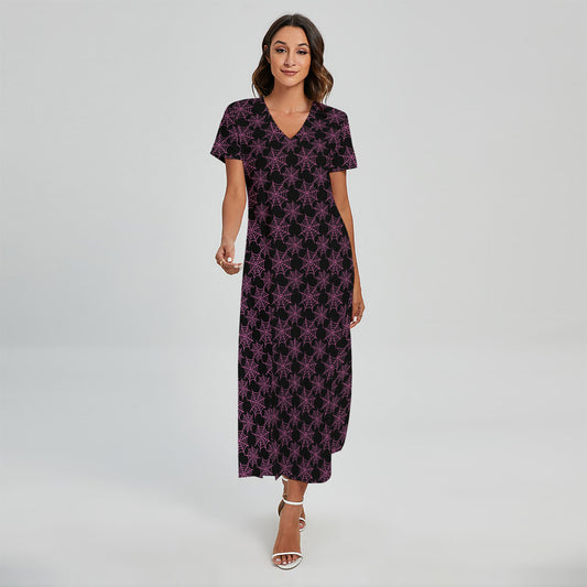 Black And Pink Spider Web Pattern Print Short Sleeve Maxi Dress