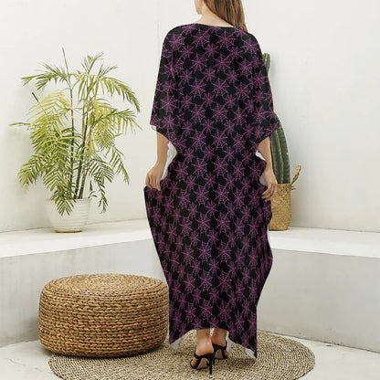 Black And Pink Spider Web Pattern Print Silk V-Neck Kaftan Dress