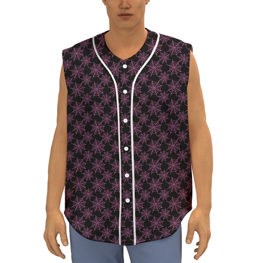 Black And Pink Spider Web Pattern Print Sleeveless Baseball Jersey