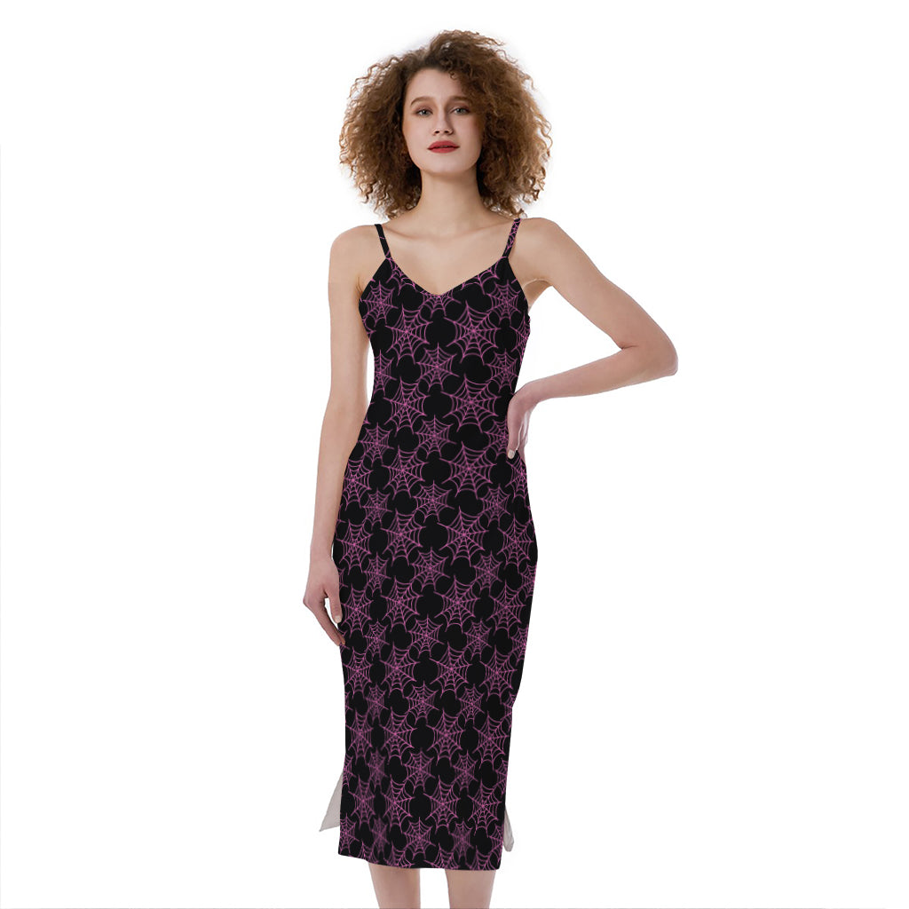 Black And Pink Spider Web Pattern Print Slim Fit Midi Cami Dress