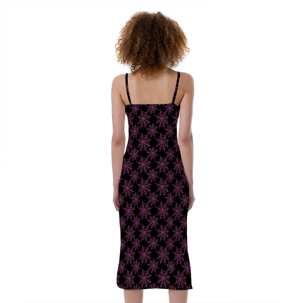 Black And Pink Spider Web Pattern Print Slim Fit Midi Cami Dress
