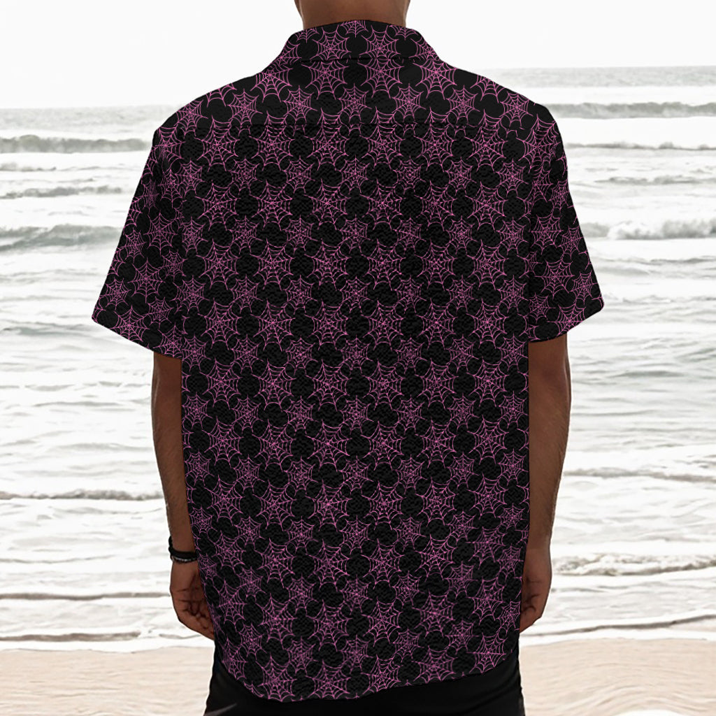 Black And Pink Spider Web Pattern Print Textured Short Sleeve Shirt