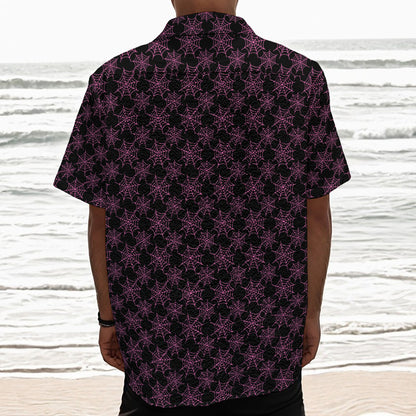 Black And Pink Spider Web Pattern Print Textured Short Sleeve Shirt