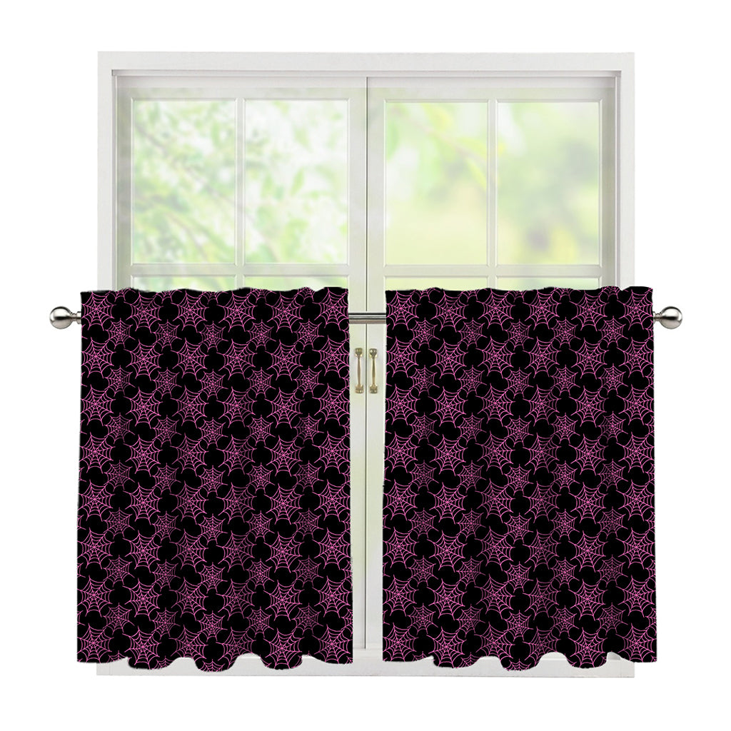 Black And Pink Spider Web Pattern Print Tier Curtains