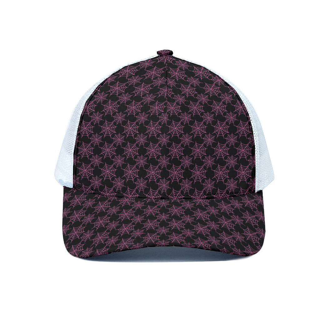 Black And Pink Spider Web Pattern Print White Mesh Trucker Cap
