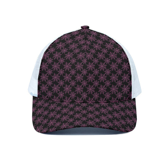 Black And Pink Spider Web Pattern Print White Mesh Trucker Cap