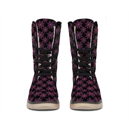 Black And Pink Spider Web Pattern Print Winter Boots