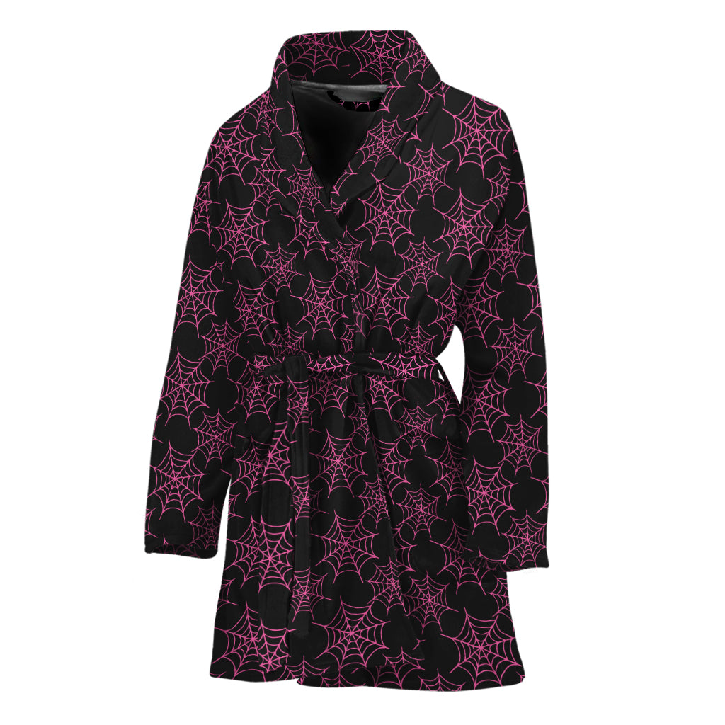 Black And Pink Spider Web Pattern Print Women's Bathrobe