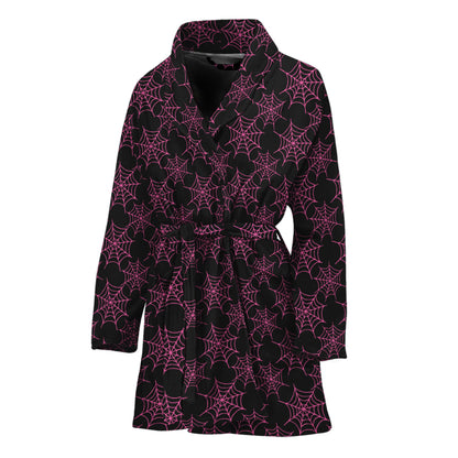 Black And Pink Spider Web Pattern Print Women's Bathrobe