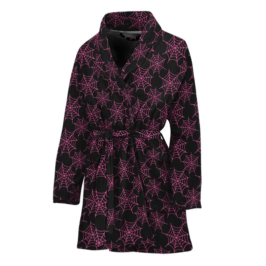 Black And Pink Spider Web Pattern Print Women's Bathrobe