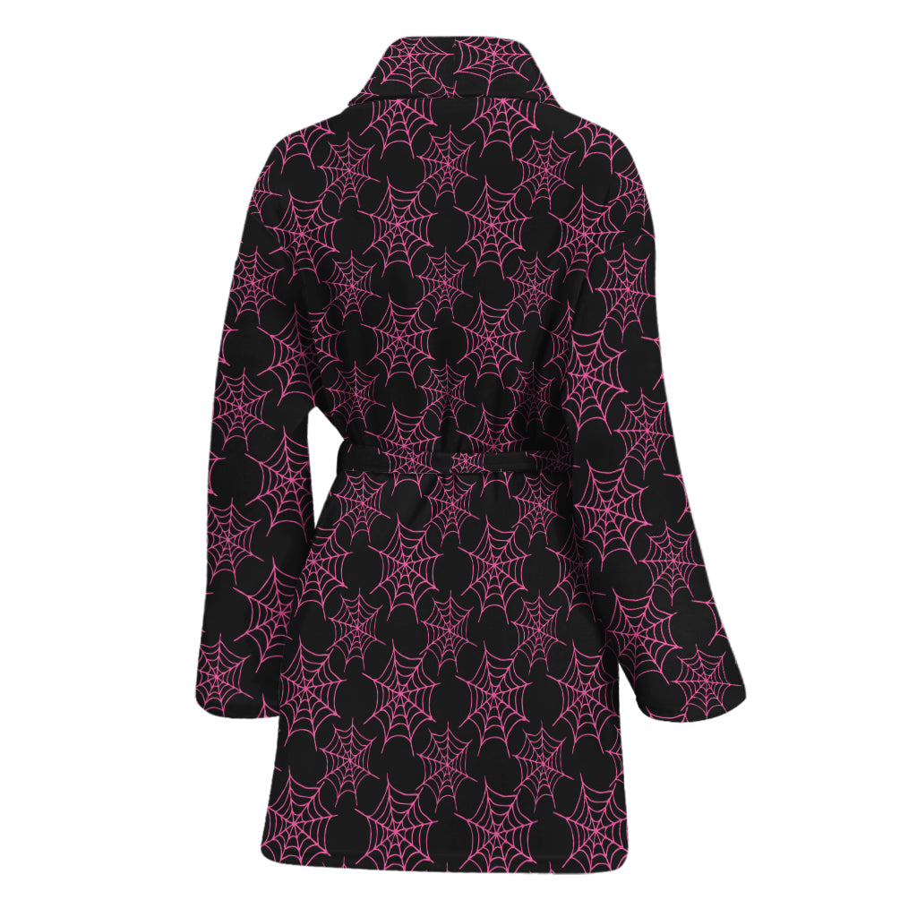 Black And Pink Spider Web Pattern Print Women's Bathrobe