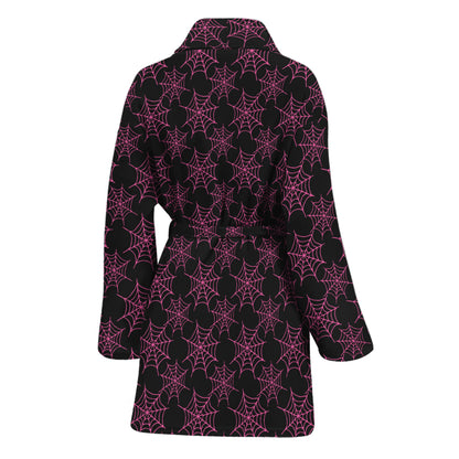Black And Pink Spider Web Pattern Print Women's Bathrobe