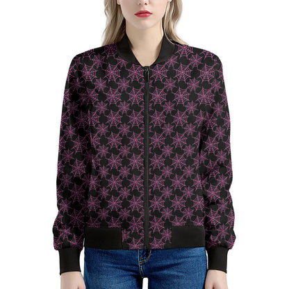 Black And Pink Spider Web Pattern Print Women's Bomber Jacket