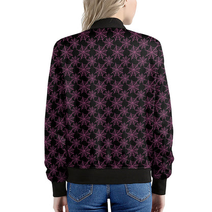 Black And Pink Spider Web Pattern Print Women's Bomber Jacket