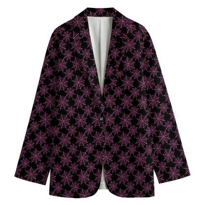 Black And Pink Spider Web Pattern Print Women's Cotton Blazer