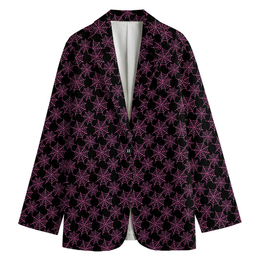 Black And Pink Spider Web Pattern Print Women's Cotton Blazer
