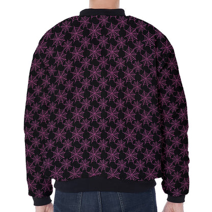 Black And Pink Spider Web Pattern Print Zip Sleeve Bomber Jacket