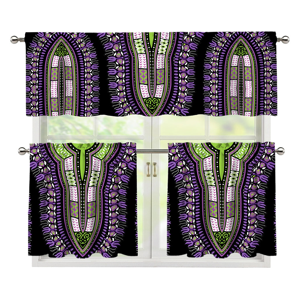 Black And Purple African Dashiki Print 3 Piece Kitchen Curtains
