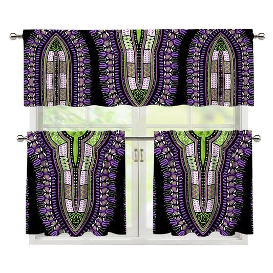 Black And Purple African Dashiki Print 3 Piece Kitchen Curtains