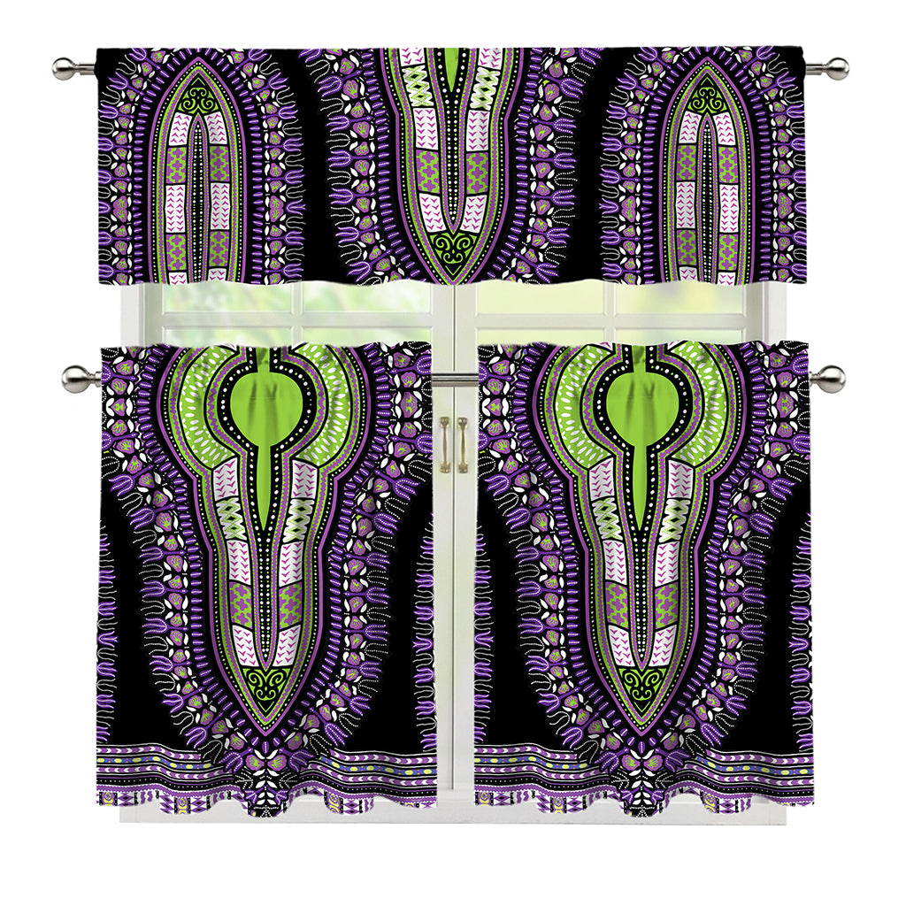 Black And Purple African Dashiki Print 3 Piece Kitchen Curtains
