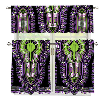 Black And Purple African Dashiki Print 3 Piece Kitchen Curtains