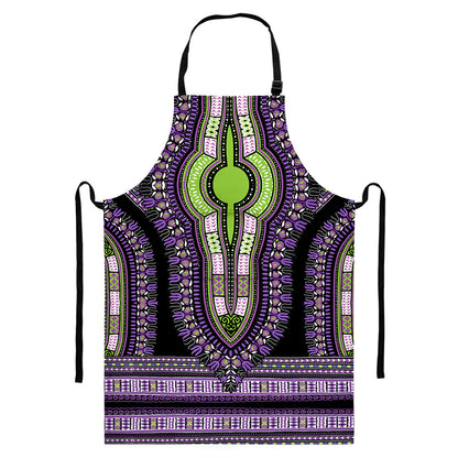 Black And Purple African Dashiki Print Bib Apron With Pocket