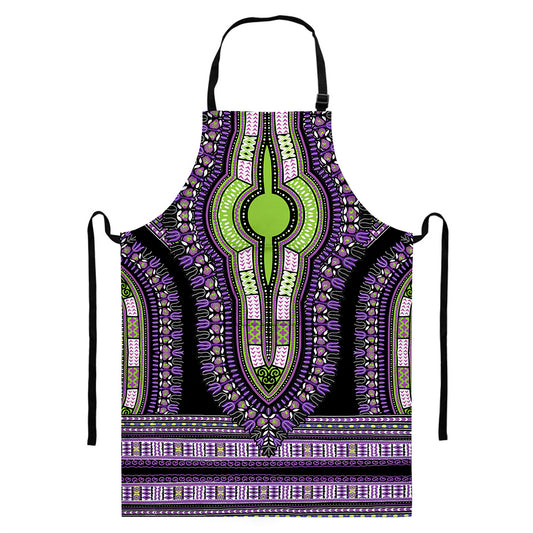 Black And Purple African Dashiki Print Bib Apron With Pocket