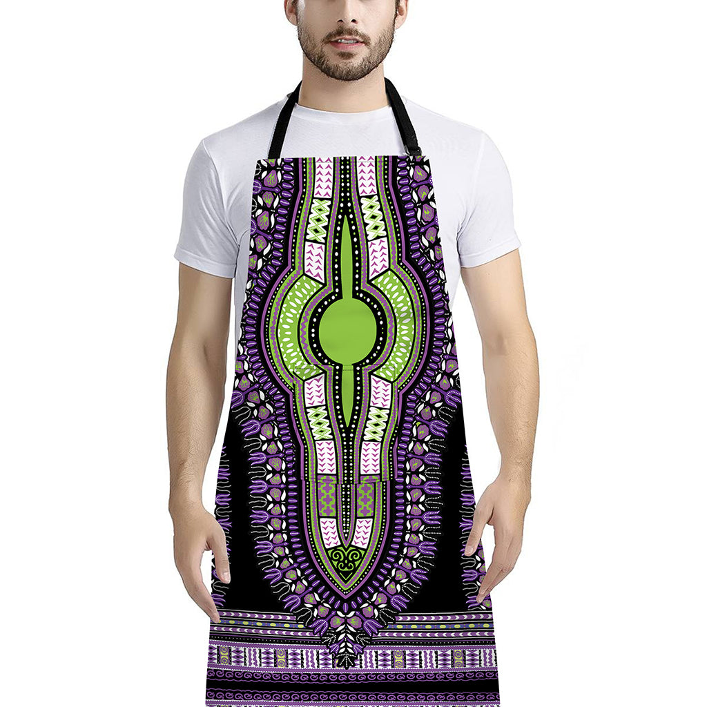 Black And Purple African Dashiki Print Bib Apron With Pocket